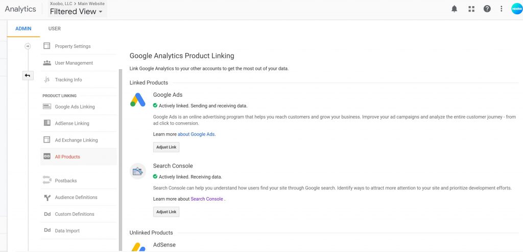 google anlaytics product linking