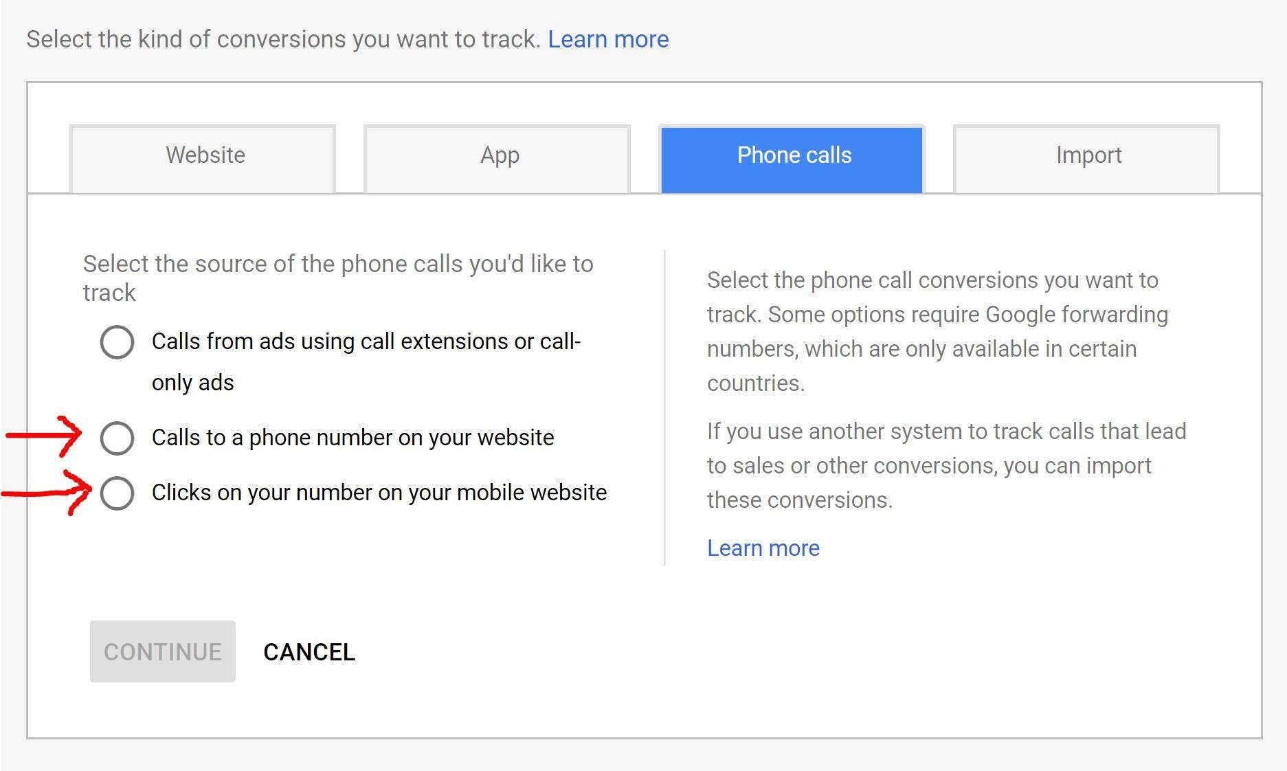 Snapshot of Google Ads account setting up phone call conversion tracking.
